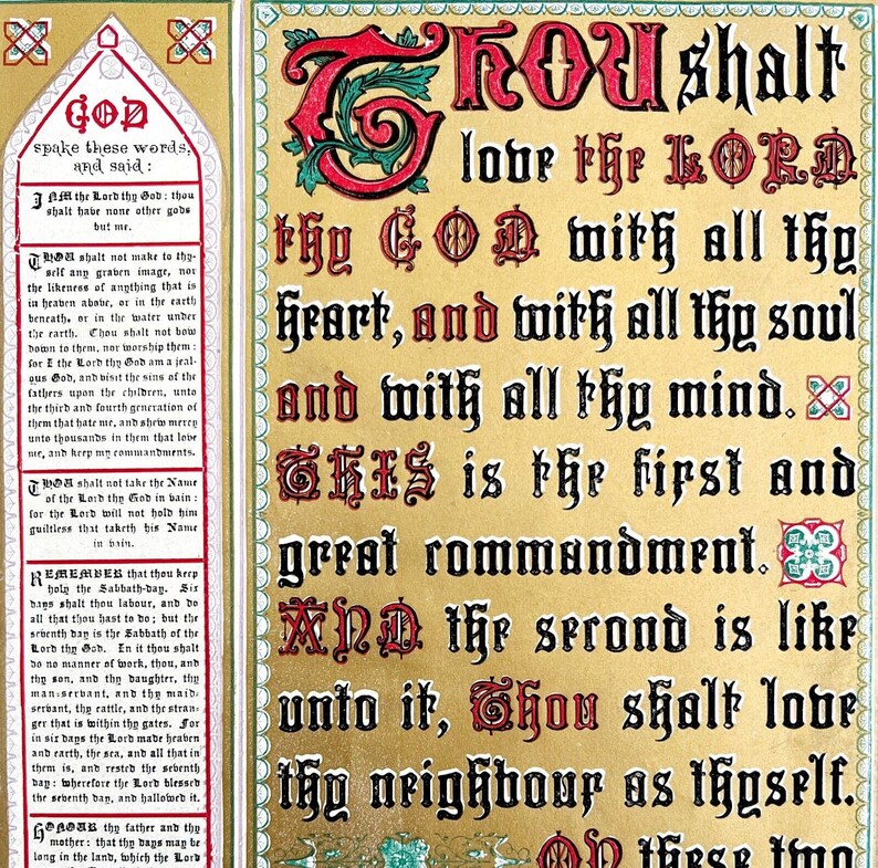 Ten Commandments Gold Tone 1872 Lithograph Victorian Religious Art ...