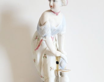 1950s Porcelain Figurine Woman At Pier w/Water Jug and Fan Antique 8" Fig1