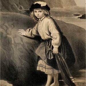 May include: A black and white vintage illustration of a young person standing near a large rock. The person wears a hat, long-sleeved shirt, and skirt, and holds a rolled-up umbrella. The background suggests a coastal scene.