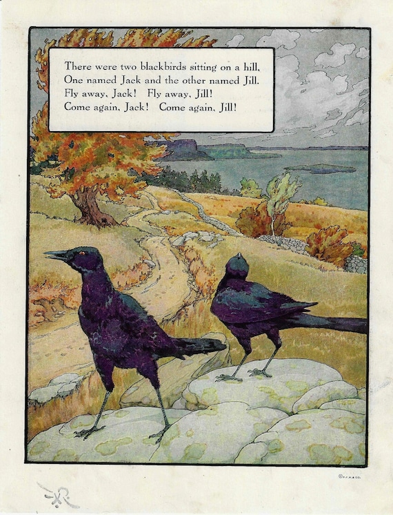 Antique Two Blackbirds Mother Goose Rhyme Art Print 1915 Dual Etsy