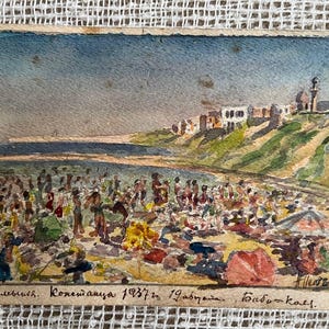 Pintura original vintage de aquarela de 1937 – Cena litorânea romena de Constanta, arte de praia antiga, paisagem europeia. Arte de parede para colecionador
