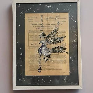 Bird-Woman Wall Art on 1937 Document. Metamorphosis of Freedom. Vintage gift for antique collector. Art collectible. Mixed media art