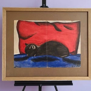 Arte vintage del gatto nero. Disegno infantile - Gatto addormentato di metà secolo - Rara opera d'arte del 1961. Arte murale vintage. Regalo per collezionisti. Arte originale