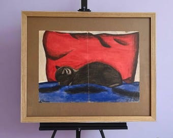 Vintage Black Cat Art: Mid-Century Sleeping Cat Drawing, 1961 Original