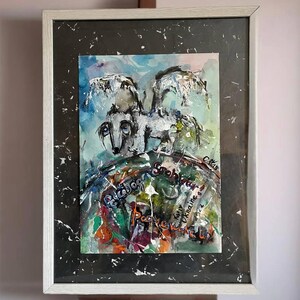 Peace Dog - Pittura mista anti-guerra, arte di protesta surreale per la pace. Arte murale originale. Acquerello surreale. Regalo unico. Arte del cane angelo.