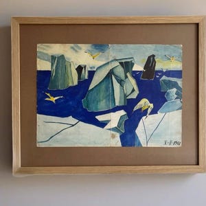Dipinto nautico vintage di metà secolo - Paesaggio marino con iceberg, arte oceanica retrò, decorazione murale costiera astratta - opera d'arte originale del 1961