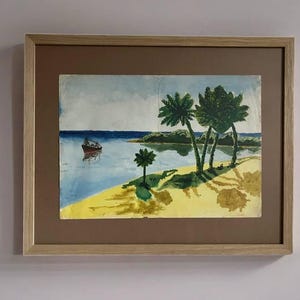 Dipinto ad acquerello tropicale vintage - Scena di mare nostalgica con palme e decorazione murale di barche - Opera d'arte originale del 1961. Regalo unico.