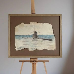 Disegno originale del sottomarino. Opera d'arte murale bifacciale vintage del 1961. Arte sovietica storica