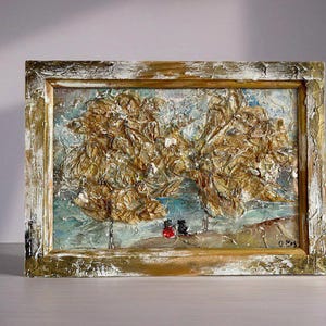 Arte originale con tecnica mista con fiori, dipinto acrilico strutturato di ragazza e cane, decorazione da parete con cornice raffigurante la natura. Immagine unica essiccata e pressata