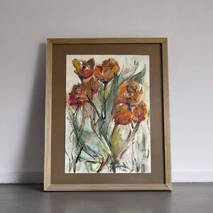 Lebendiger Tulpenstrauß Ausdrucksstarke Aquarell- und Acrylblumenkunst.  Verdunkelungskunst. Original Wandbild. Einzigartiges Geschenk für Sammler. Strukturierte Kunst