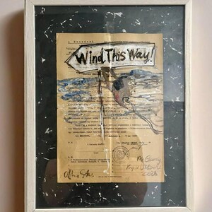 Arte surrealista en técnica mixta sobre carta vintage de 1946, ilustración fantástica, frase inspiradora. Obra filosófica. Regalo original. Decoración de pared.