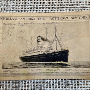 Postal vintage rara de 1920 – Holland America Line SS Nieuw Amsterdam con sello y matasellos. Arte mural para coleccionistas. Regalo vintage único.