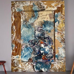 Textured Blue Floral Art with Vintage Document. Framed One-of-a-Kind Mixed Media Acrylic Artwork on Hardboard.  Original Textured Wall Decor