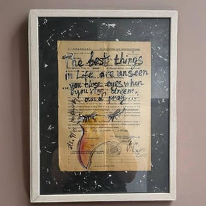Arte vintage de técnica mixta sobre carta de 1944, ilustración de fantasía surrealista, frase inspiradora. Obra filosófica. Regalo original. Decoración de pared.