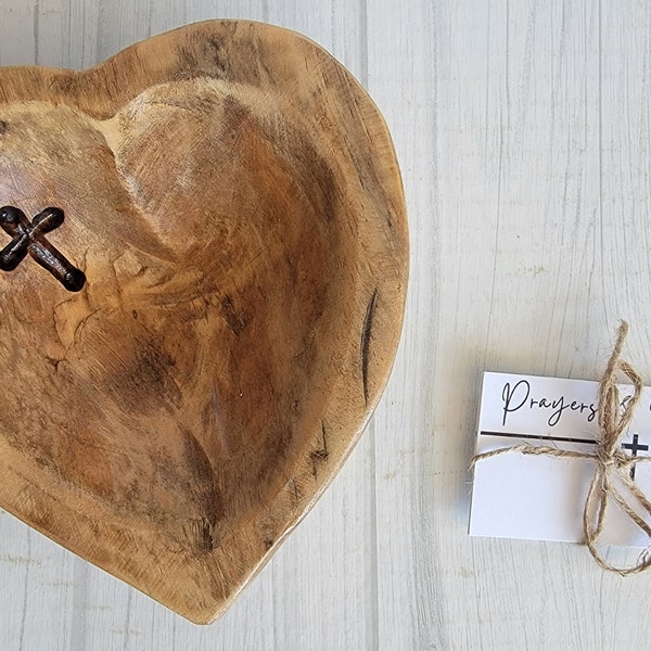 Small Rustic Heart Prayer Bowl | Heart Prayer Bowl with Cross | Prayer Dough Bowl | Prayers & Blessings | Wood Dough Bowl