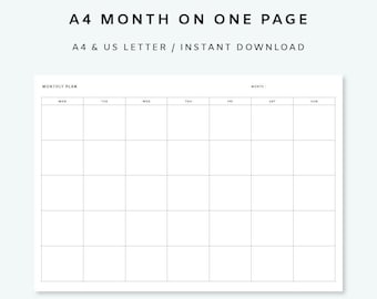 Mois sur une page non daté - Insertion de planificateur mensuel | Mois sur 1 page horizontale | Planificateur mensuel non daté | Simple & Minimaliste | A4, LETTRE