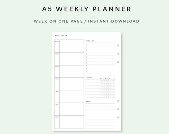 Weekly Planner Printable A5 - Week on one page PDF | Weekly Agenda | Weekly Tracker | Weekly Schedule | Weekly Planner Inserts | Minimalist