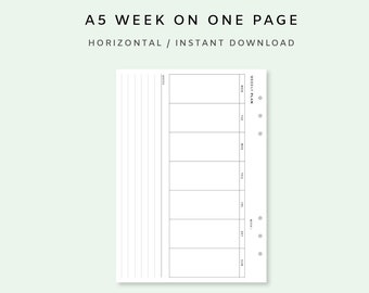 Week on one Page Printable a5 - Undated Weekly Planner Inserts | Horizontal Weekly Template | Minimalist Weekly Layout | Week on 1 page PDF