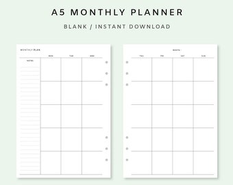 Monthly Planner Printable A5 - Undated Monthly Planner Inserts | Month on two pages | Monthly Template | Minimalist Monthly Planner Page PDF