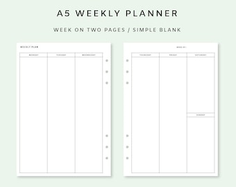 Weekly Planner Printable Vertical - Week on two Pages | Vertical Weekly Planner Inserts | Minimalist | Weekly Template A5 | Weekly Schedule