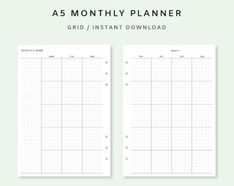 Monthly Planner Printable a5 - Month on two Page Planner | Undated Monthly Planner PDF | Monthly Planner Inserts A5 | Monthly Template