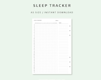 May include: A printable A5 size sleep tracker sheet with a grid for tracking sleep hours and a notes section. The sheet has a black and white design with the words "SLEEP TRACKER" at the top.