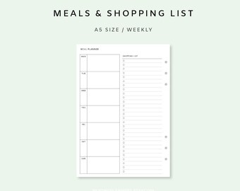 Planificador de comidas imprimible semanalmente - Plantilla de planificador de comidas semanales / Lista de compras / Con lista de compras / Lista de alimentos / Lista de compras / Planificador de menús / A5