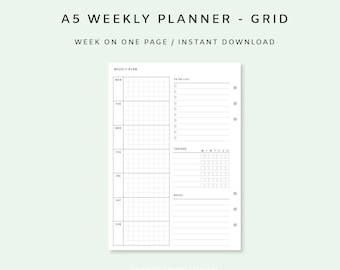 Weekly Planner Printable A5 - Week on one page PDF | Weekly Agenda | Weekly Tracker | Weekly Schedule | Weekly Planner Inserts | Minimalist