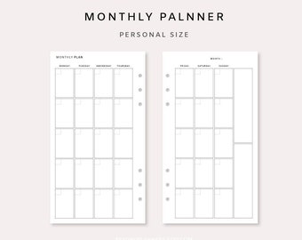May include: A printable monthly planner in black and white with a simple design. The planner is divided into two pages, one for the first half of the month and one for the second half. Each page has a grid with spaces for each day of the week. The planner is labeled "MONTHLY PLANNER" and "PERSONAL SIZE".