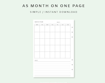 Month on one page a5 - Undated Monthly Planner Inserts | Printable Monthly Planner | Month At A Glance | Minimalist | Monthly Planner Pages