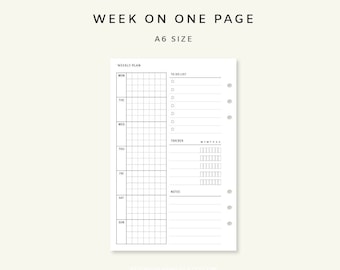 Weekly Planner Printable - Week on one page PDF | Weekly Agenda | Weekly Tracker | Weekly Schedule Page | Minimalist Weekly A6 Inserts