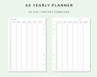 May include: A printable A5 yearly planner with two pages. The first page has a grid for January through June, and the second page has a grid for July through December.