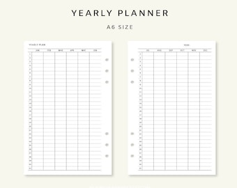 May include: A black and white printable A6 size yearly planner with two pages. The first page has the months January through June listed across the top. The second page has the months July through December listed across the top.