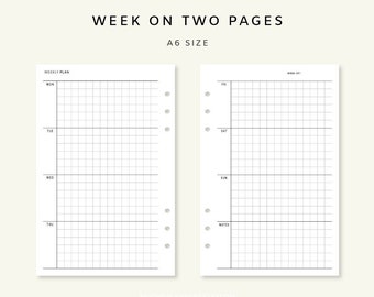 Week on two Pages Printable - Undated Weekly Planner PDF, Weekly Printable Inserts, Minimalist Week at a Glance, Weekly Planner Template A6