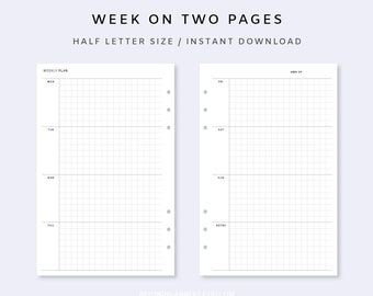 Paisagem para impressão do planejador semanal - PDF do planejador semanal sem data, resumo da semana, modelo de semana em 2 páginas, inserção de layout semanal minimalista