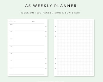Weekly Planner Printable A5 - Week on two pages | Weekly Planner Insert pdf | Weekly 2 Page | Undated Weekly Template | Vertical Weekly Page