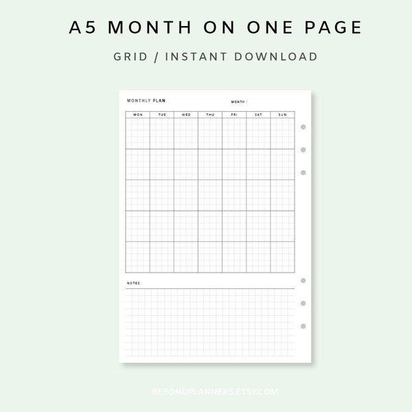Month on one Page Insert A5 - Undated Monthly Planner PDF | Monthly Planner Schedule | Printable Monthly Layout | Minimalist Monthly Planner
