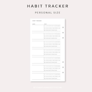 Puede incluir: Un rastreador de h&aacute;bitos imprimible en blanco y negro con el t&iacute;tulo "Habit Tracker" y "Personal Size". El rastreador tiene una columna para "Habit" y una columna para "Dates" con los n&uacute;meros del 1 al 31.
