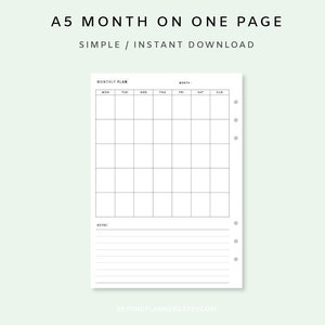 Month on one page a5 - Undated Monthly Planner Inserts | Printable Monthly Planner | Month At A Glance | Minimalist | Monthly Planner Pages