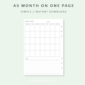 Month on one page a5 - Undated Monthly Planner Inserts | Printable Monthly Planner | Month At A Glance | Minimalist | Monthly Planner Pages