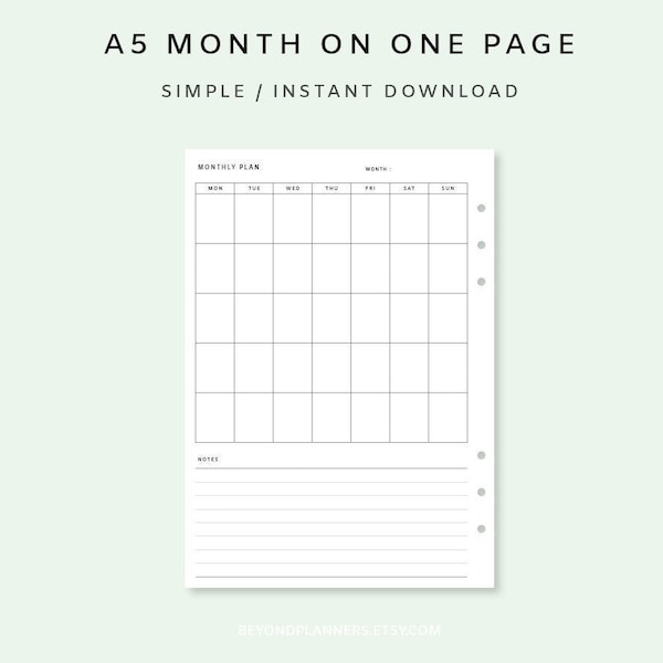 Month on one page a5 - Undated Monthly Planner Inserts | Printable Monthly Planner | Month At A Glance | Minimalist | Monthly Planner Pages