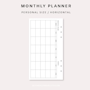 Op de afbeelding: Een printbare maandelijkse planner in een horizontaal formaat, ontworpen voor persoonlijk gebruik. De planner heeft een rasterindeling met een kolom voor elke dag van de week en rijen voor elke week van de maand. De planner is bovenaan gelabeld met "MAANDPLAN".