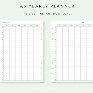 May include: A printable A5 yearly planner with two pages. The first page has a grid for January through June, and the second page has a grid for July through December.