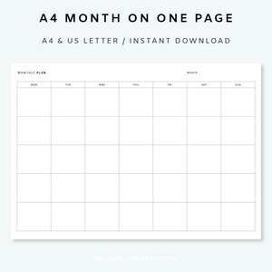 Mes en una página sin fecha - Inserto de planificador mensual / Mes en 1 página Horizontal / Planificador mensual sin fecha / Simple y minimalista / A4, CARTA