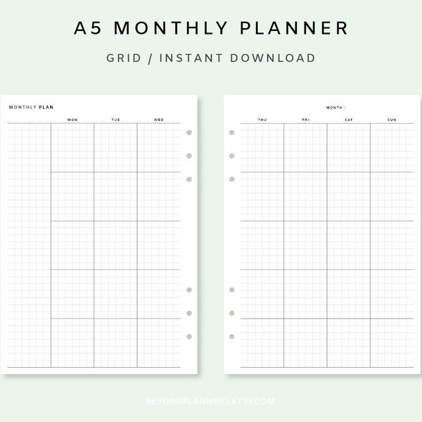 Monthly Planner Printable a5 - Month on two Page Planner | Undated Monthly Planner PDF | Monthly Planner Inserts A5 | Monthly Template