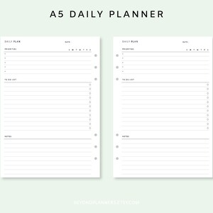 May include: A5 daily planner printable with two pages, each with sections for priorities, to do list, and notes. The pages have a simple, minimalist design with black text and lines on a white background.