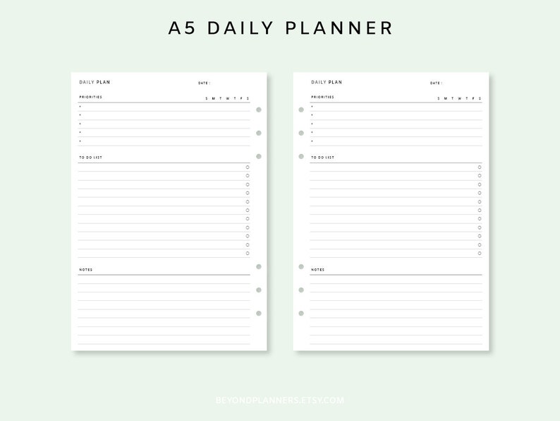 May include: A5 daily planner printable with two pages, each with sections for priorities, to do list, and notes. The pages have a simple, minimalist design with black text and lines on a white background.