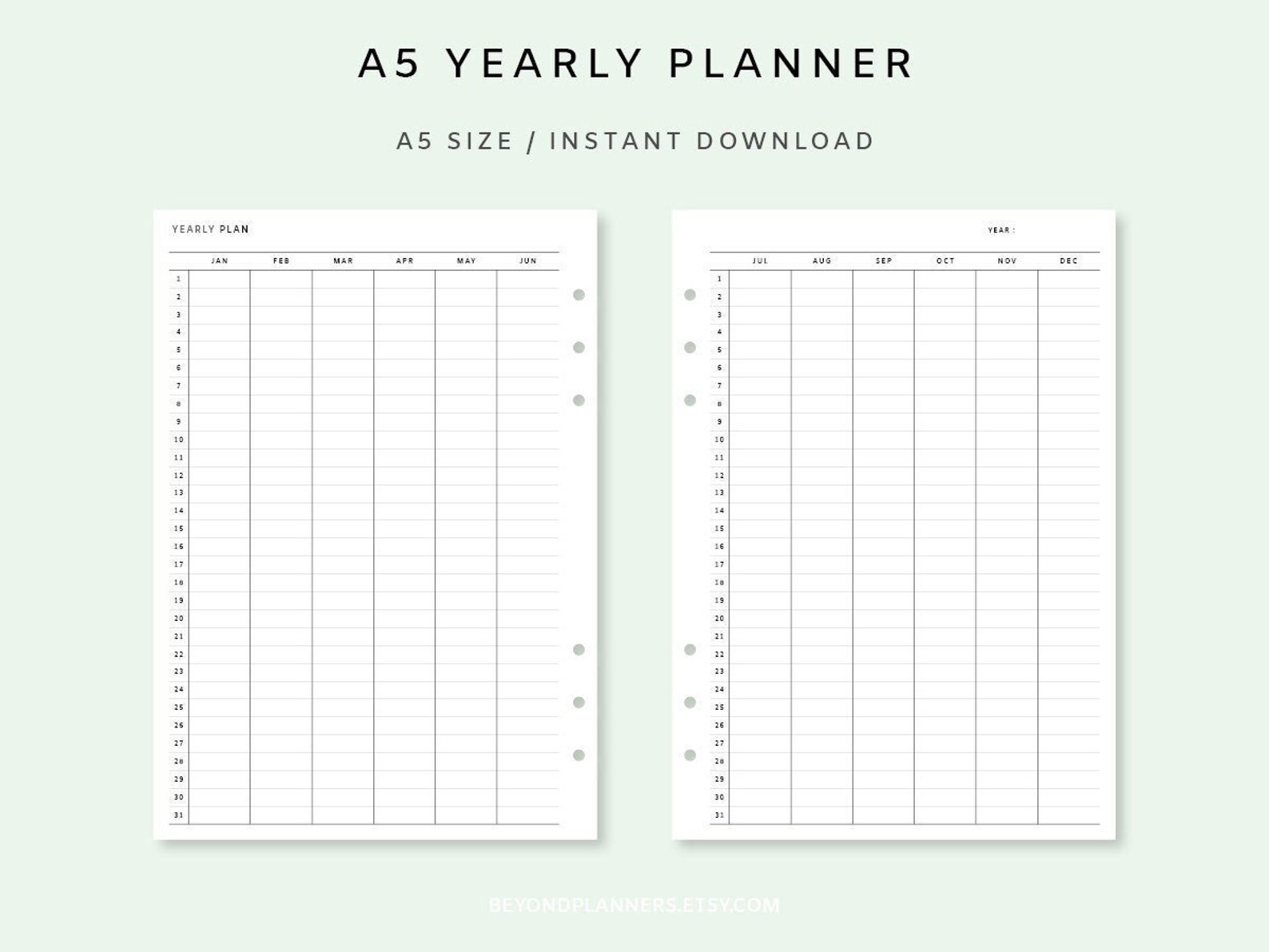 Yearly Planner Printable - Yearly Overview Inserts A5, Year at a Glance ...