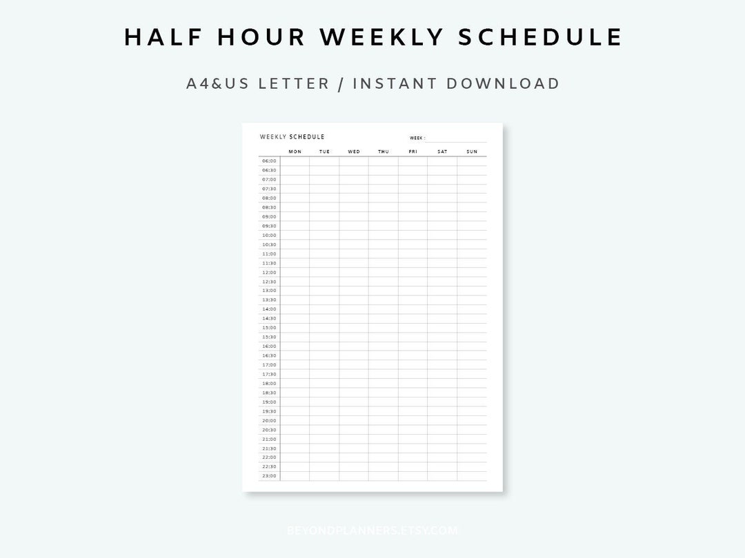 Half Hour Weekly Schedule Printable - Half Hour Daily Schedule Template ...