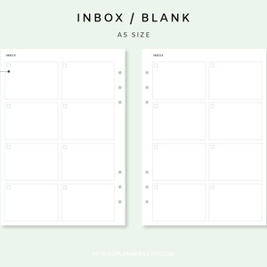 May include: A printable A5 size planner page with the title "INBOX / BLANK". The page is divided into eight sections, each with a checkbox and a blank space for writing.
